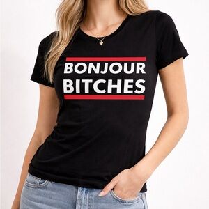 Bonjour Bitches Black Graphic Tee with Bold Text